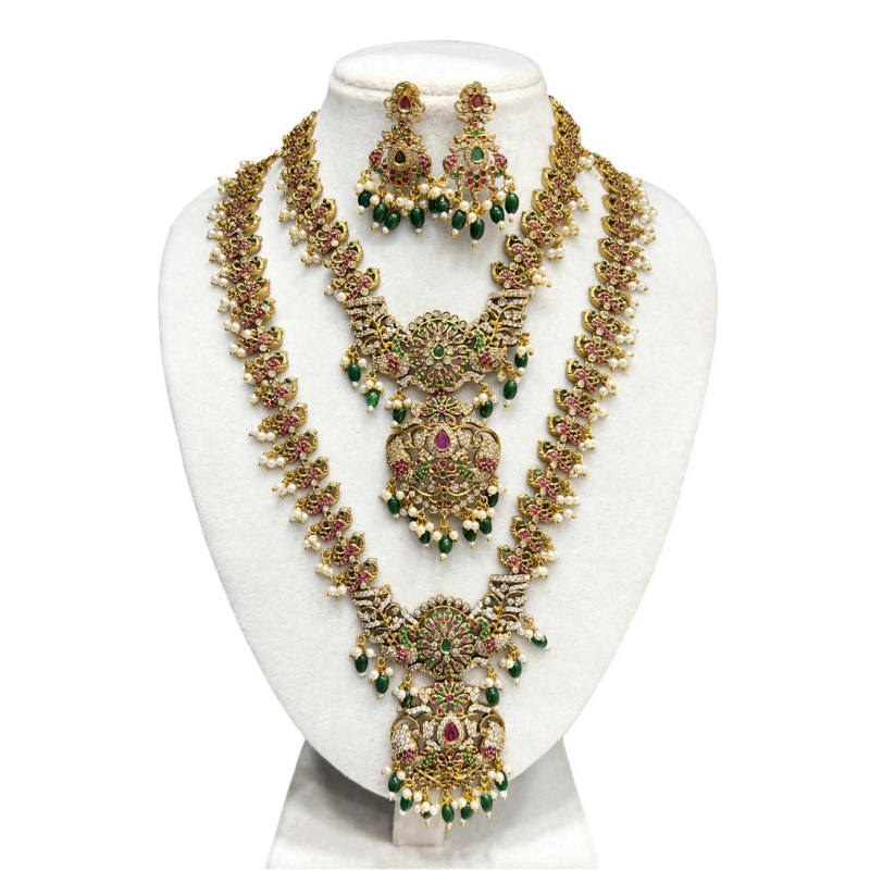 Gold-Plated Ruby Pink & Emerald Green Double-Layer Long Haram Necklace Set with White CZ, Pearls & Green Bead Drops - With Matching Earrings