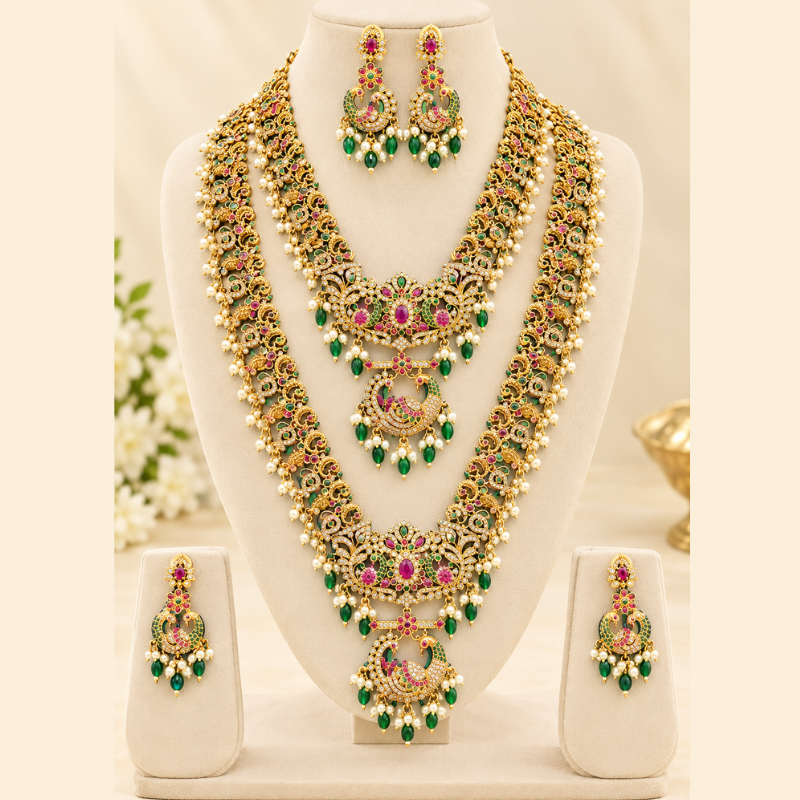 Traditional South Indian Gold-Plated Temple Jewellery Set with Peacock Design