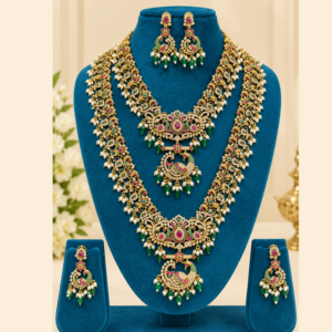 Premium Traditional Peacock Design Gold-Tone Bridal Jewellery Set with Green and Pink Stones