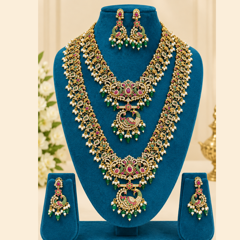 Premium Traditional Peacock Design Gold-Tone Bridal Jewellery Set with Green and Pink Stones
