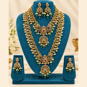 Premium South Indian Bridal Temple Jewellery Set with Green Beads and Pearl Drops