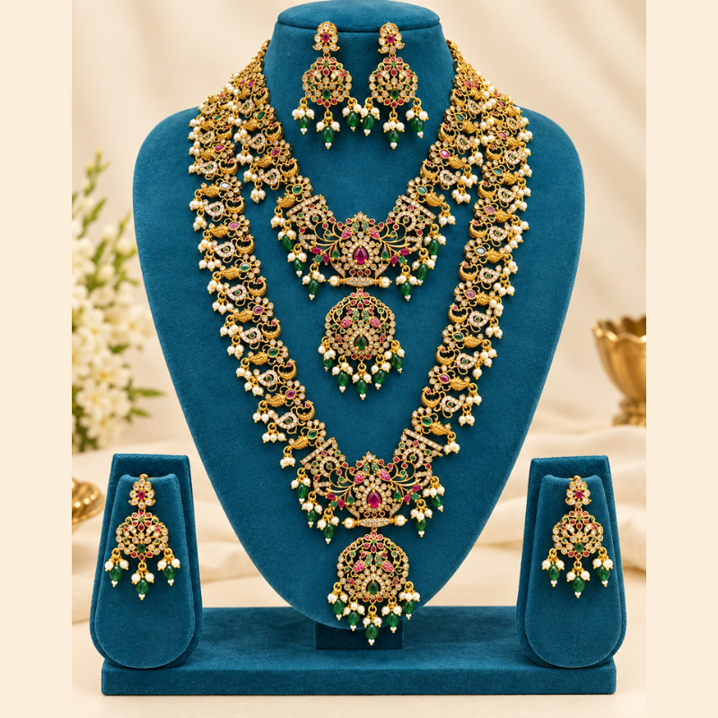 Premium South Indian Bridal Temple Jewellery Set with Green Beads and Pearl Drops