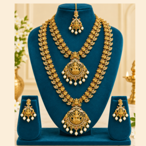 Traditional Gold Temple Jewellery Set with Lakshmi Pendant and Pearl Drops