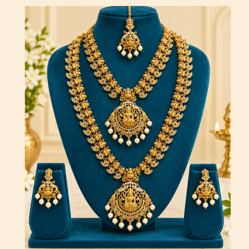 Traditional Gold Temple Jewellery Set with Lakshmi Pendant and Pearl Drops