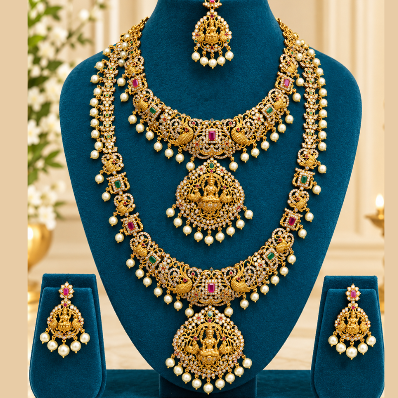 Traditional Gold Temple Jewellery Set with Peacock Motifs and Pearl Drops