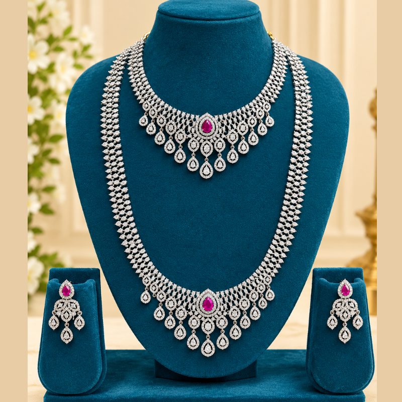 Elegant Silver Diamond-Style Necklace Set with Pink Teardrop Stones