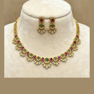 Gold-Plated Ruby Pink & Emerald Green Stone Necklace Set with White CZ Drops - With Matching Earrings