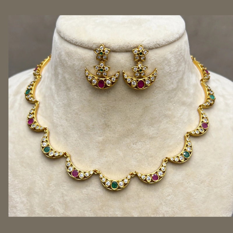 Gold-Plated Half-Moon Crescent Necklace Set with Ruby Pink, Emerald Green & White CZ Stones - With Matching Crescent Earrings