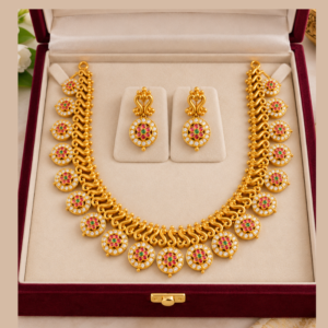 Traditional Gold Finish Kemp Stone Necklace Set with Matching Earrings – LKT 1390