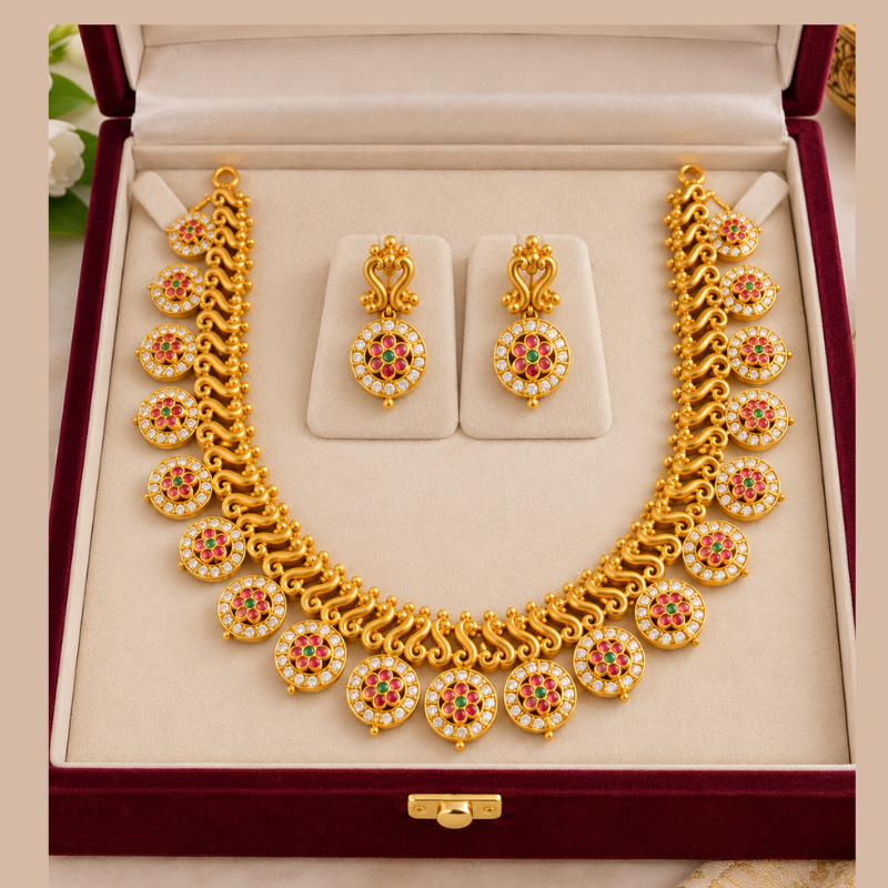 Traditional Gold Finish Kemp Stone Necklace Set with Matching Earrings – LKT 1390