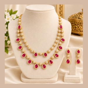 Premium Gold Finish Double Layer Ruby Stone Necklace Set with Matching Earrings – SLT 1630