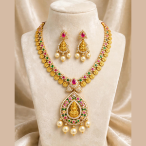 Gold-Plated Lakshmi Kasu Necklace Set with Ruby, Emerald, White CZ & Pearl Drops - With Matching Lakshmi Earrings