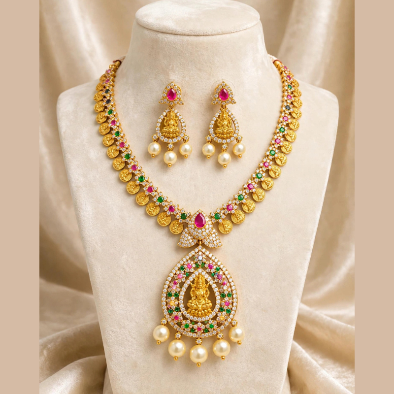 Gold-Plated Lakshmi Kasu Necklace Set with Ruby, Emerald, White CZ & Pearl Drops - With Matching Lakshmi Earrings