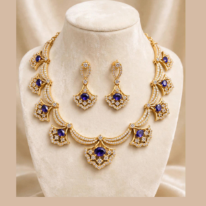 Gold-Plated Royal Blue Oval Stone Necklace Set with White CZ Double Line & Fan Pendant - With Matching Drop Earrings