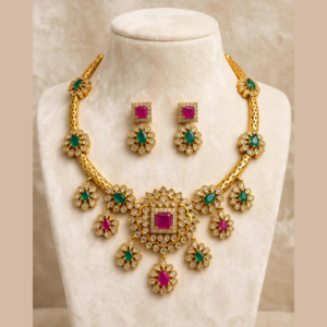 Gold-Plated Hasli Necklace Set with Ruby Square Centre, Emerald Teardrops & CZ Floral Drops - With Matching Earrings