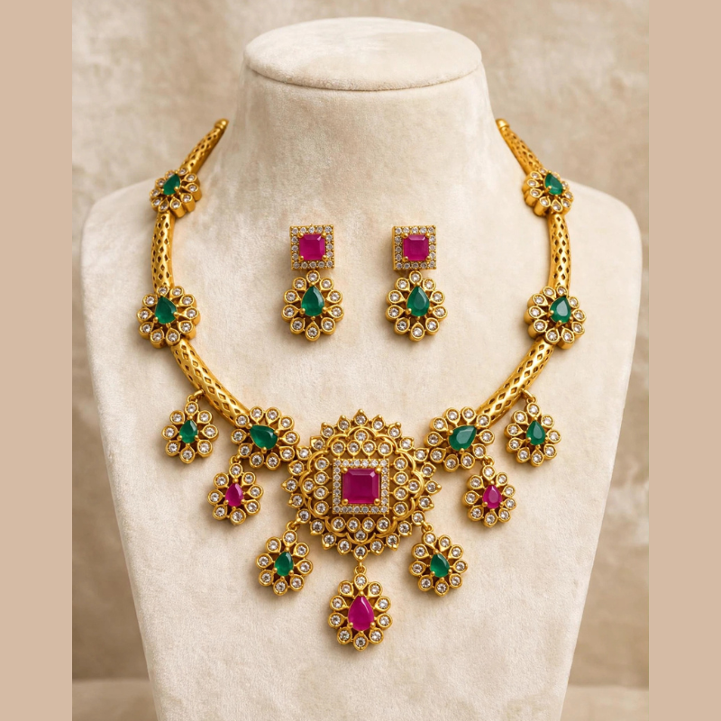 Gold-Plated Hasli Necklace Set with Ruby Square Centre, Emerald Teardrops & CZ Floral Drops - With Matching Earrings