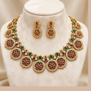 Gold-Plated Ruby Floral Bottu Mala Necklace Set with Emerald Rectangles & White CZ Border - With Matching Round Earrings
