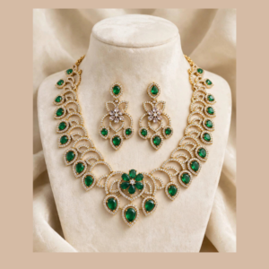 Gold-Plated Emerald Green Teardrop Necklace Set with White CZ Swirls & Floral Centre Pendant - With Matching Chandelier Earrings
