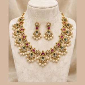 Gold-Plated Ruby Emerald Star Necklace Set with White CZ & Pearl Drops - With Matching Pearl Drop Earrings