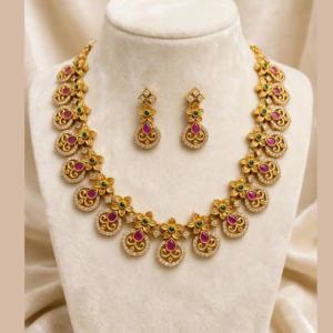 Gold-Plated Ruby Teardrop Mango Necklace Set with Emerald Flowers & White CZ Border - With Matching Drop Earrings