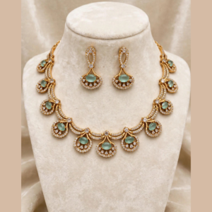 Gold-Plated Mint Green Oval Stone Necklace Set with White CZ Double Swirls & Fan Drops - With Matching Drop Earrings