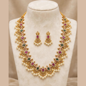 Gold-Plated Ruby Emerald Oval Haram Necklace Set with White CZ & Pearl Drops - With Matching Pearl Drop Earrings