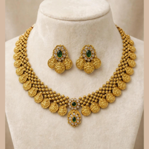 Gold-Plated Lakshmi Kasu Necklace Set with Emerald Green Oval & White CZ Pendant - With Matching Kasu Earrings