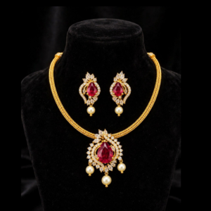 Gold-Plated Ruby Teardrop Pendant Necklace Set with White CZ Swirls & Pearl Drops on Braided Chain - With Matching Pearl Drop Earrings
