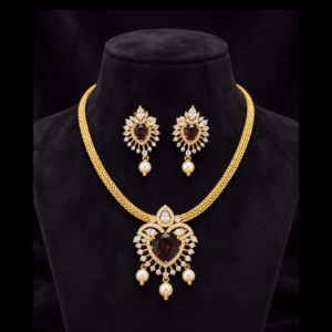 Gold-Plated Ruby Heart Pendant Necklace Set with White CZ Sunburst & Pearl Drops on Braided Chain - With Matching Pearl Drop Earrings