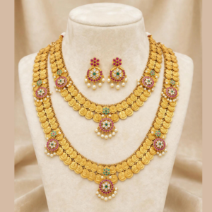 Gold-Plated Lakshmi Kasu Combo Necklace Set - Short Necklace + Long Haram with Ruby Emerald CZ Pendant & Pearl Drops - With Matching Earrings