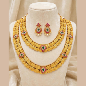 Gold-Plated Lakshmi Kasu Combo Necklace Set - Short Necklace + Long Haram with Ruby Emerald CZ Teardrop Pendant - With Matching Earrings