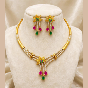 Gold-Plated Flower Hasli Necklace Set with White CZ Lines & Ruby Emerald Teardrop Drops - With Matching Flower Earrings