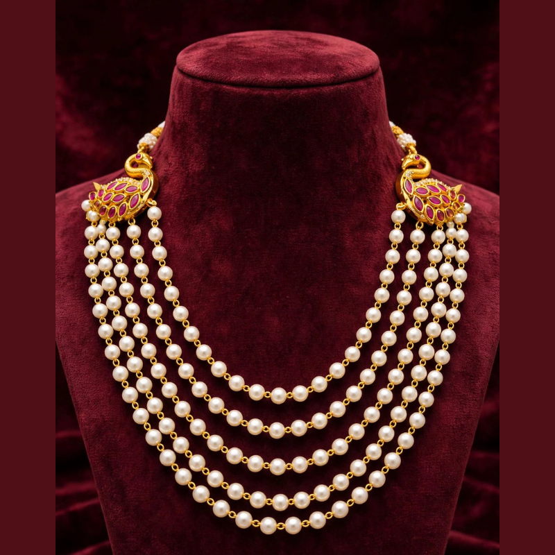 Gold-Plated Peacock 4-Layer Pearl Necklace with Ruby Stones - Elegant Layered Pearl Haram