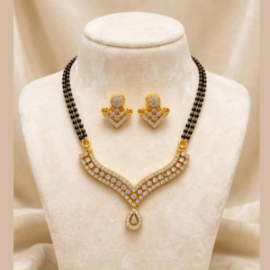 Gold-Plated White CZ V-Shape Mangalsutra Necklace Set with Black Beads & Teardrop Drop - With Matching CZ Earrings
