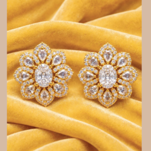 Gold-Plated White CZ Flower Stud Earrings with Big Oval Centre & Teardrop Petals