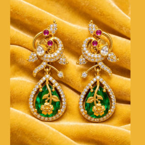 Gold-Plated Peacock Style Dangler Earrings with Ruby CZ Top & Big Emerald Green Teardrop Drop with Gold Flower