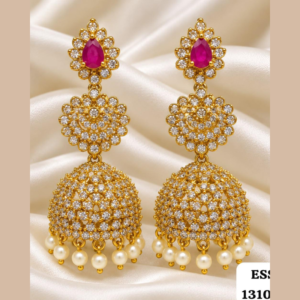 Gold-Plated White CZ Jhumka Earrings with Emerald red Teardrop Top & Pearl Drops