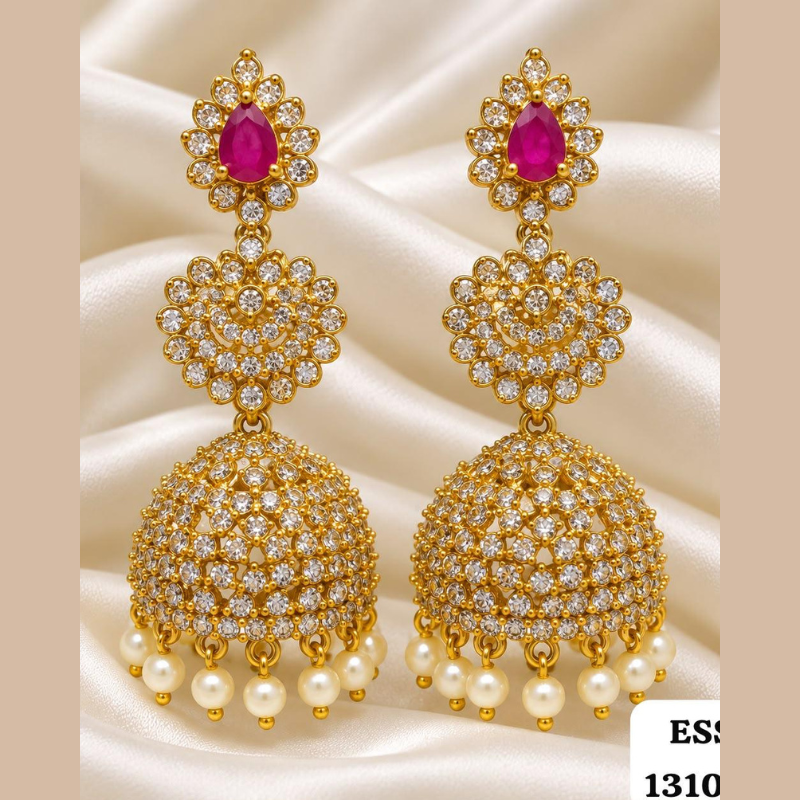 Gold-Plated White CZ Jhumka Earrings with Emerald red Teardrop Top & Pearl Drops