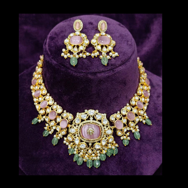 Gold-Plated Kundan Choker NecklaGold-Plated Pink Cat's Eye Stone Choker Necklace Set with Uncut Polki Kundan, Pearls & Mint Green Bead Drops - With Matching Earringsce with Ruby Pink, Emerald Green Stones & Pearl Drops - Traditional South Indian Bridal Choke (Copy)