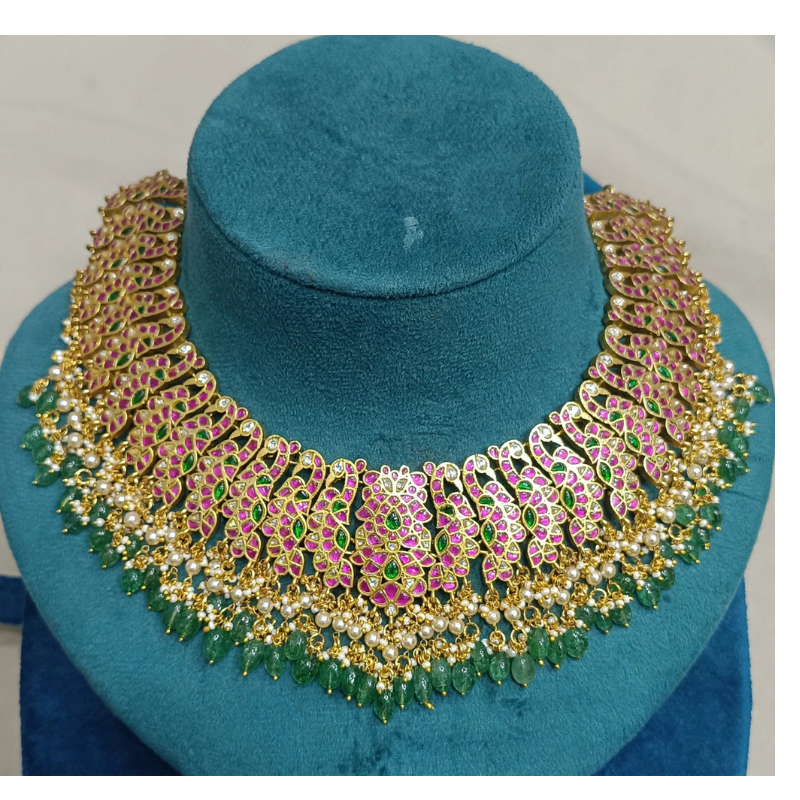 Gold-Plated Kundan Choker Necklace with Ruby Pink, Emerald Green Stones & Pearl Drops - Traditional South Indian Bridal Choke