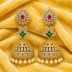 Gold-Plated White CZ Jhumka Earrings with Ruby Teardrop Top, Green Flower Middle & Pearl Drops